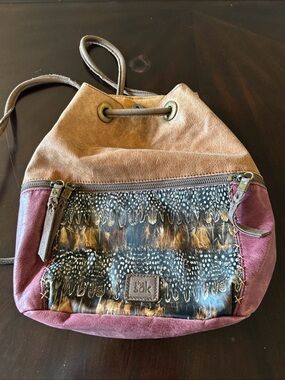 The Sak Backpack Drawstring Feather Design Leather Purse Bag Women's